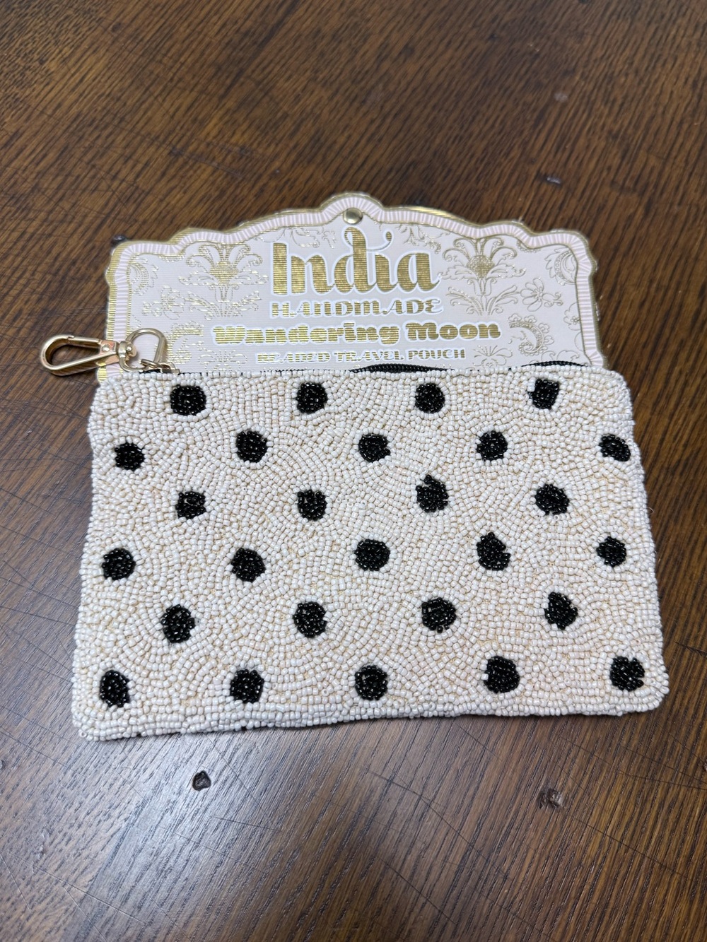 Wandering Moon Black & Cream Polka Dot Beaded Zip Pouch | NWT